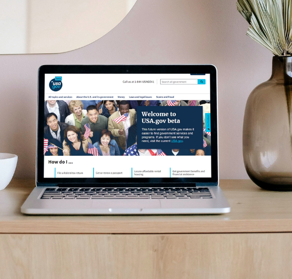 Graphic showing the beta.USA.gov mobile website and the text: Introducing... beta.usa.gov and beta.usa.gov/es.